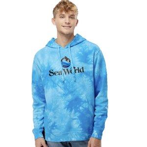 person wearing SeaWorld Tie-Dye Logo Blue Hoodie